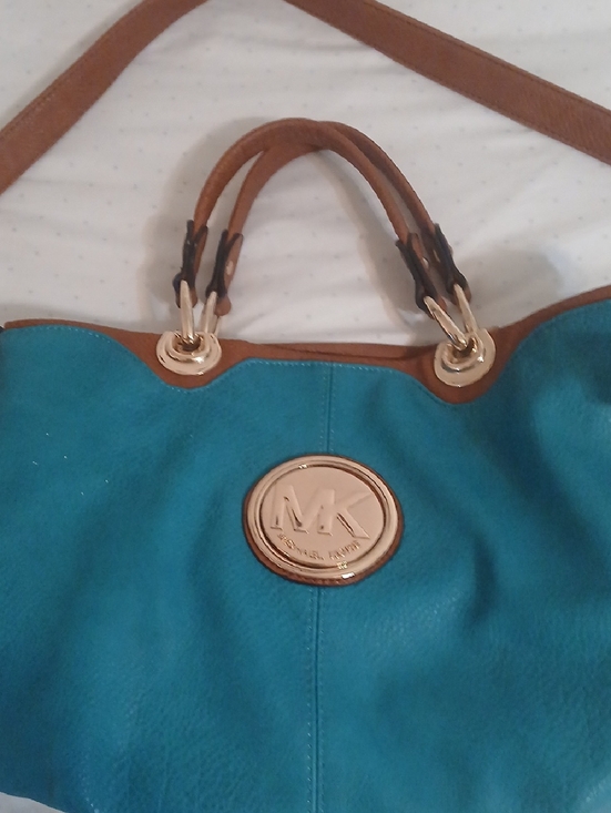 Michael Kors Handbags - Michael Kors Teal Leather Tote with Tan Trim